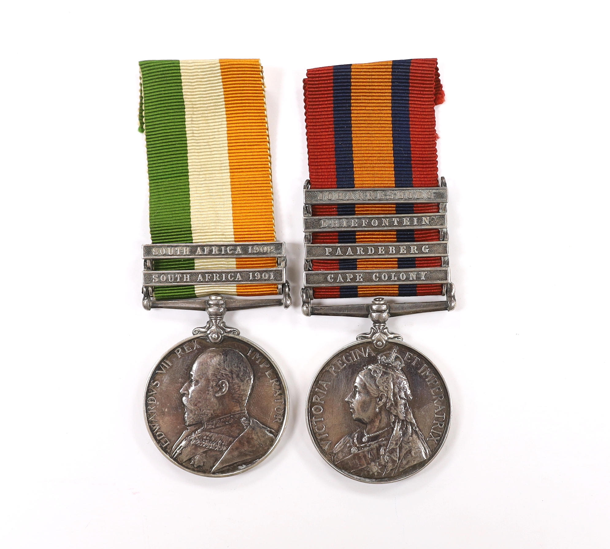 A Boer War medal pair to Supt. A. Perry Royal Engineers, comprising; the Queen’s South Africa medal with four bars; Johannesburg, Driefontein, Paardeberg and Cape Colony, together with the Edward VII South Africa medal w